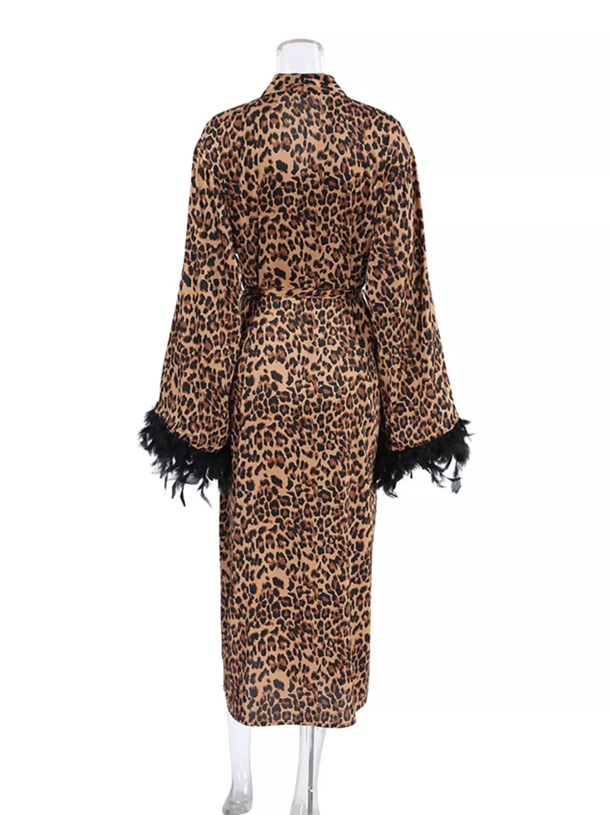 Leopard Print Feather-Trimmed Lounge Nightgown Robe