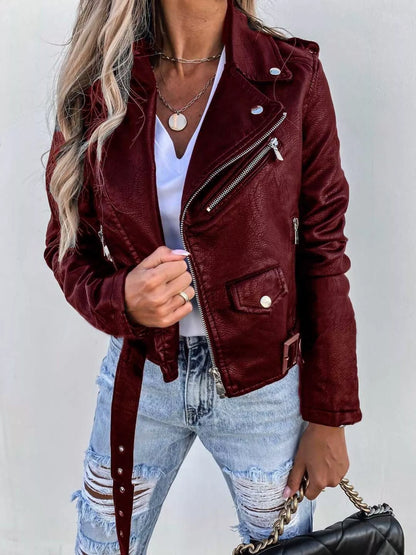 Full Size Zip Up Leather Biker Jacket
