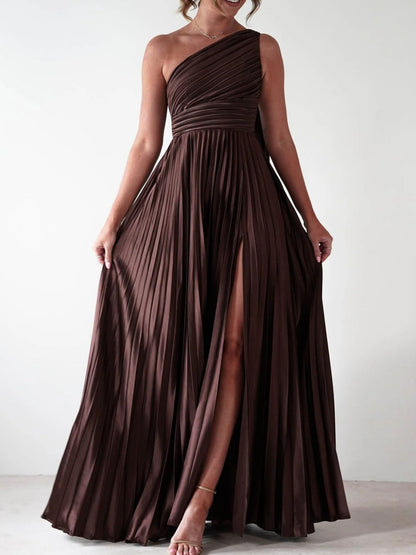 One-Shoulder Pleated Slit Dress