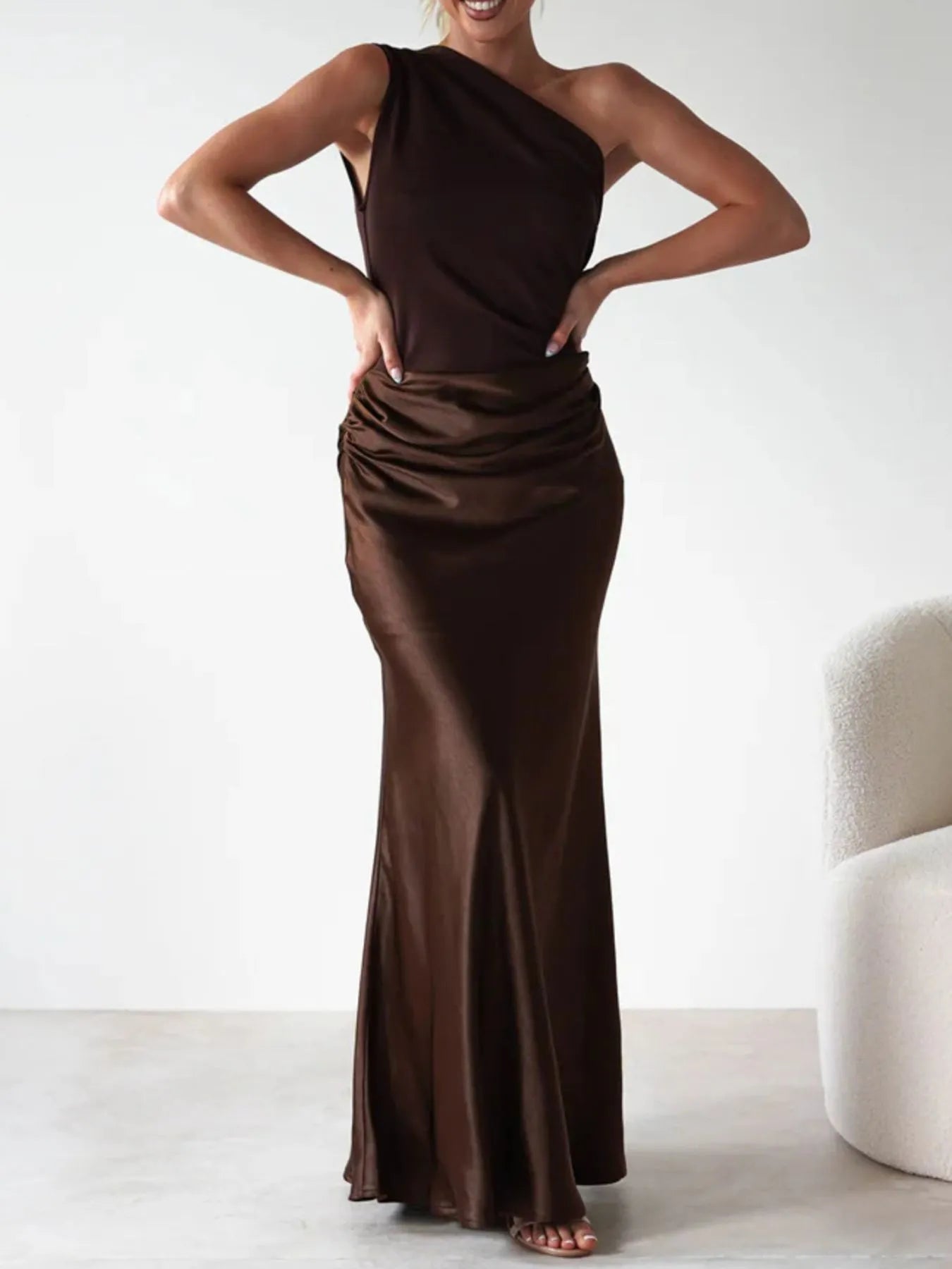 One Shoulder Ruched Bodycon Maxi Dress