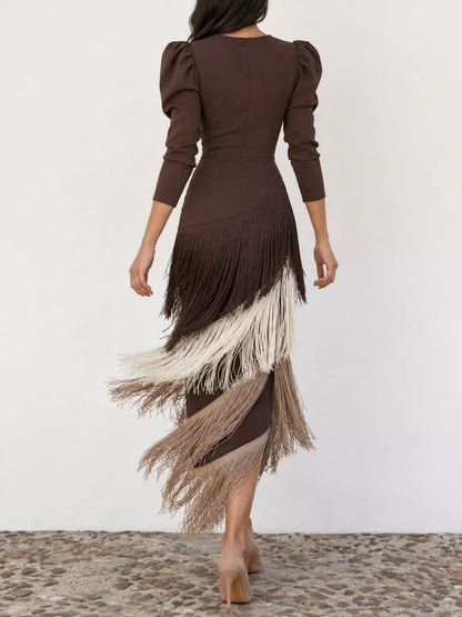 Fringed V-neck puff sleeve dress, view 19