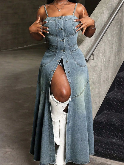 Button Front Denim Cami Dress