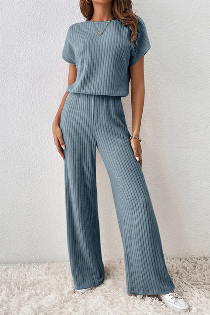 Ribbed Short Sleeve Wide Leg Jumpsuit