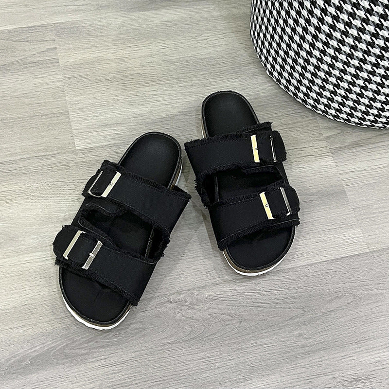 Double buckle canvas flats in black