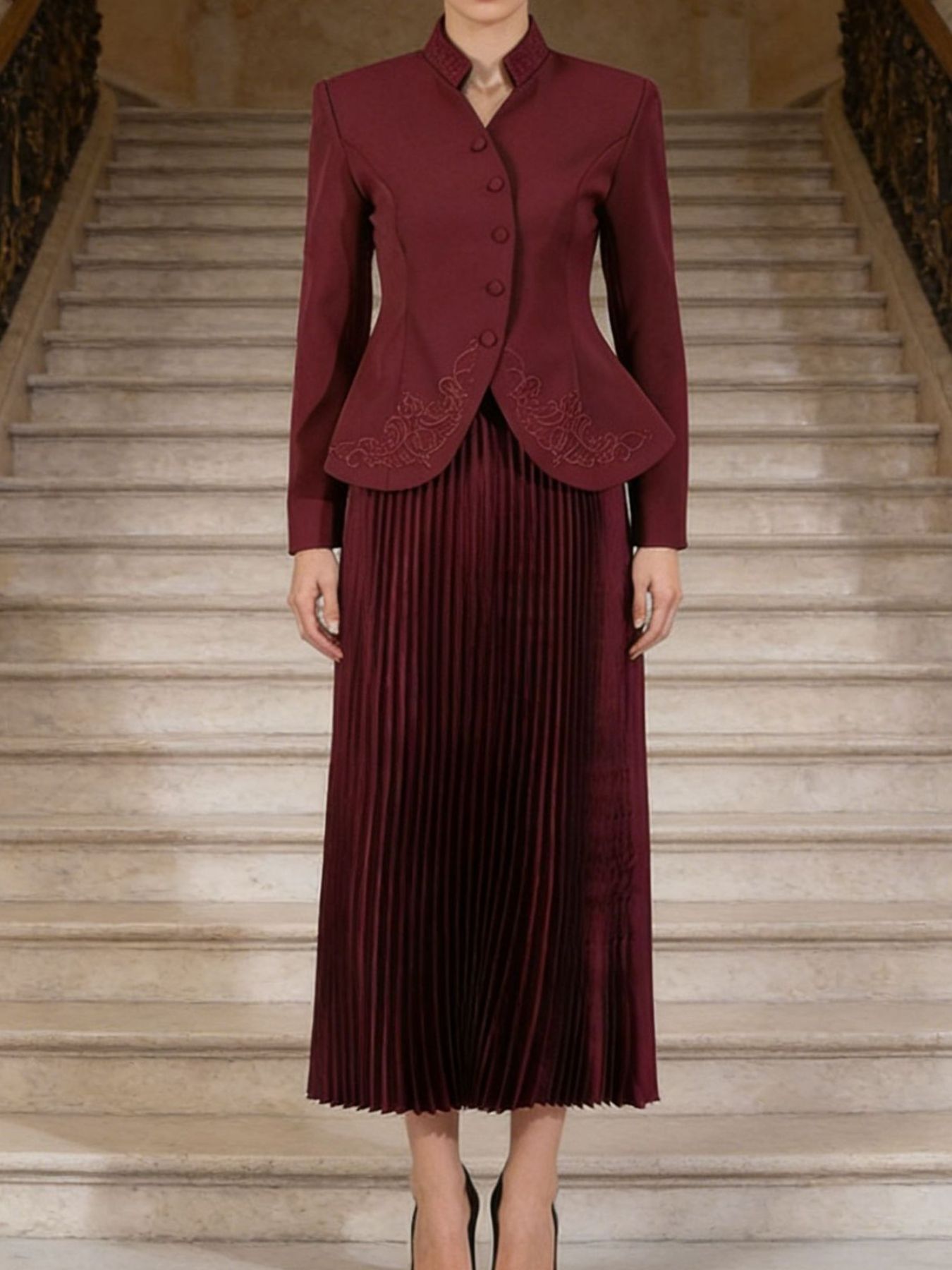Button Up Long Sleeve Top and Pleated Skirt Set