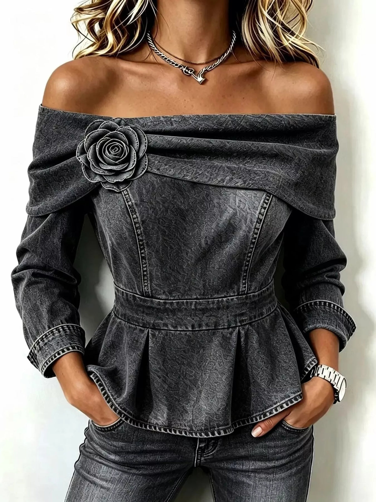 Plus Size Off-Shoulder Floral Denim Look Top