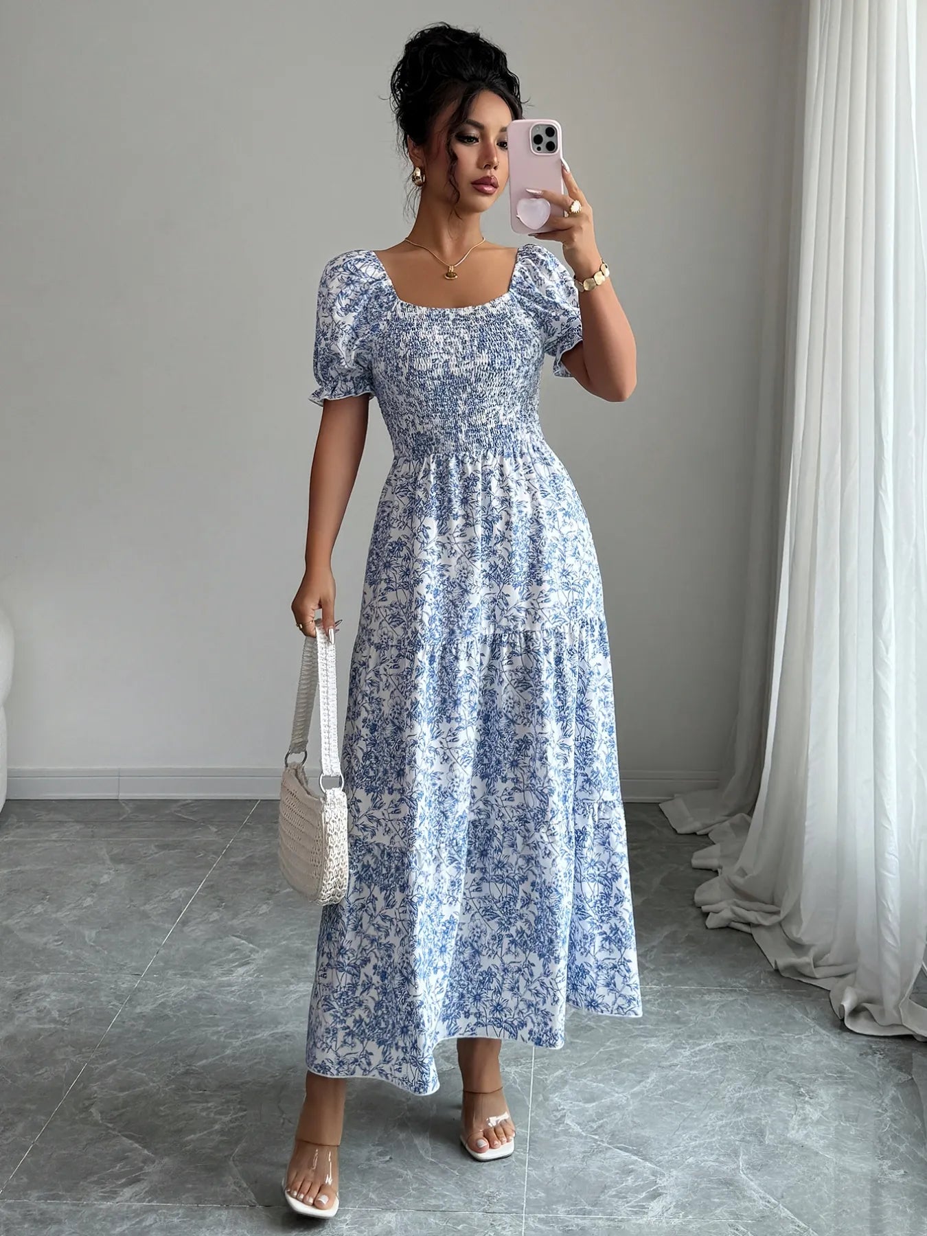 Smocked Printed Short Sleeve Dress