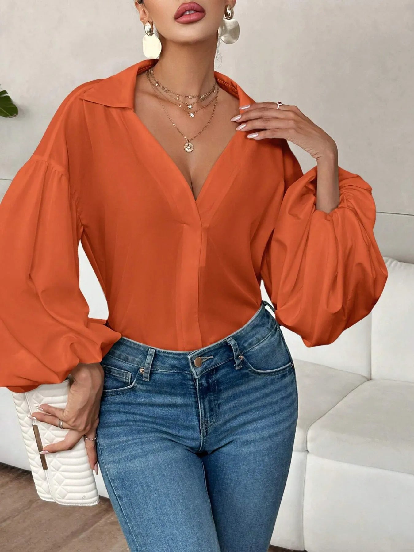 Polka Dot Balloon Sleeve Blouse