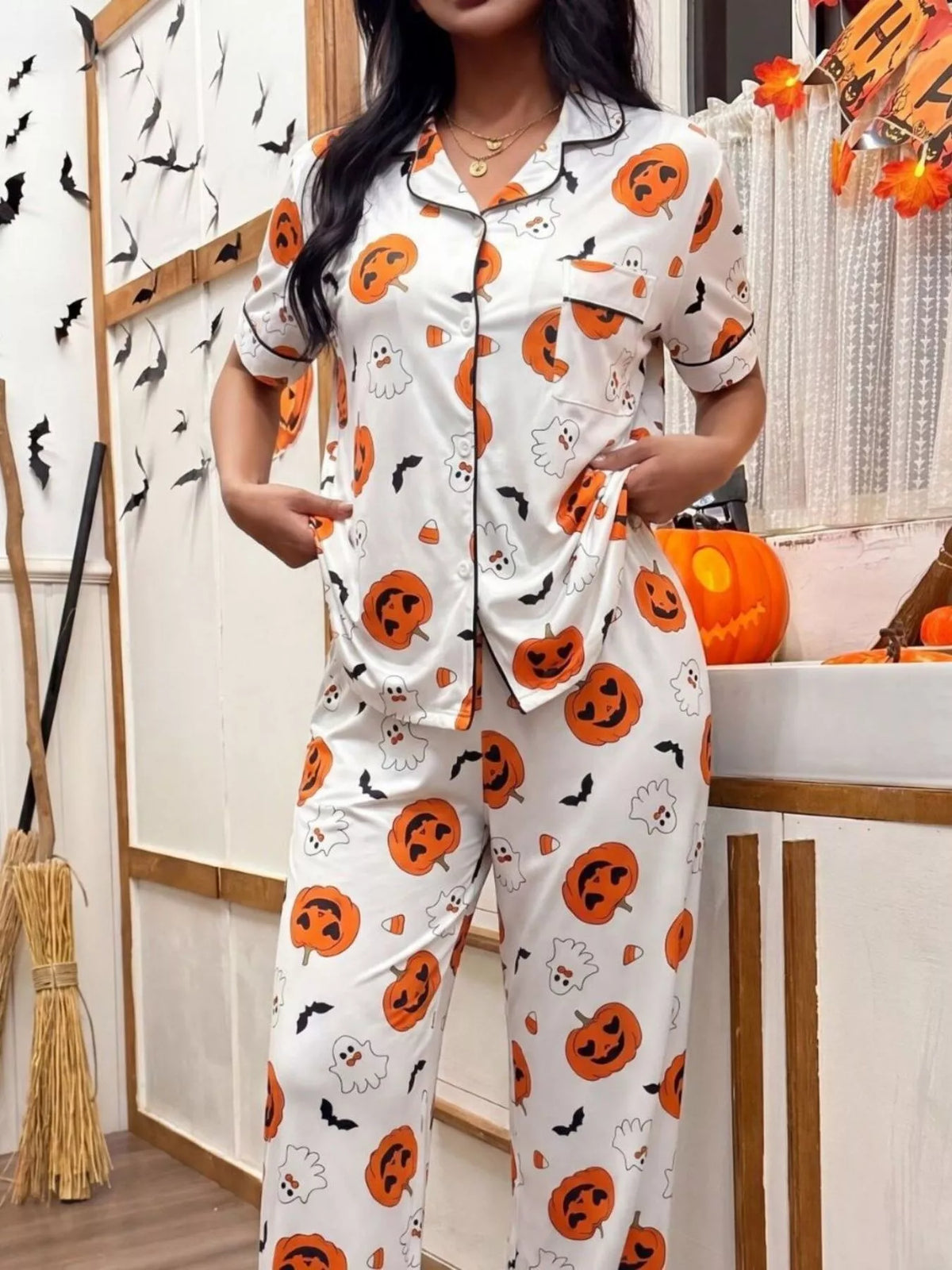 Halloween Pumpkin Print Button-Down Top and Pants Set