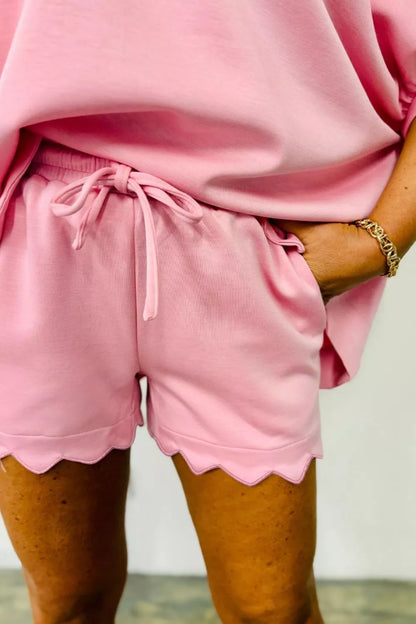 Scalloped V Neck Top and Drawstring Short Set