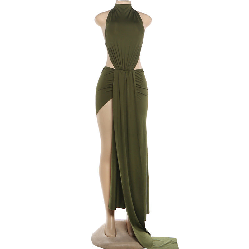 Hanging neck tie solid color exposed backpack hip dress