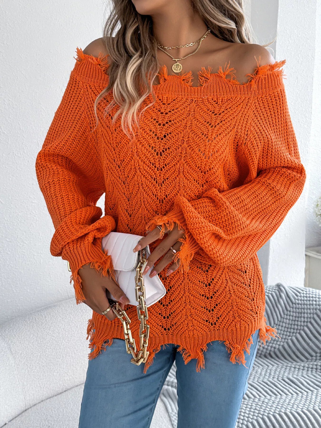Distressed Off-Shoulder Sweater