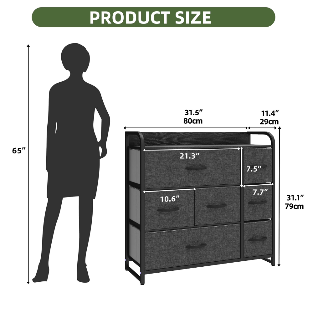 7-Drawer Black-Gray Fabric Dresser