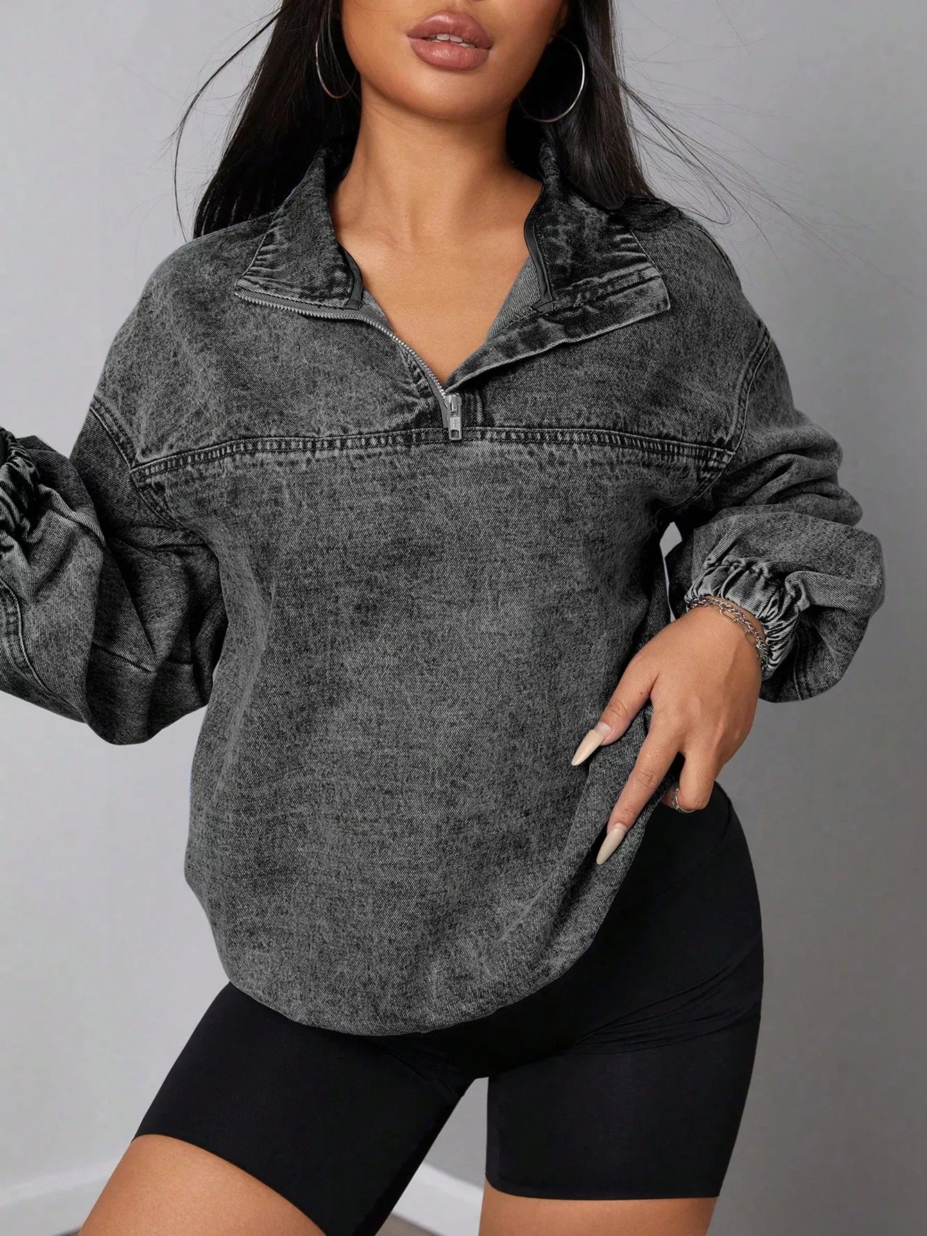 Elastic Hem Quarter Zip Denim Top