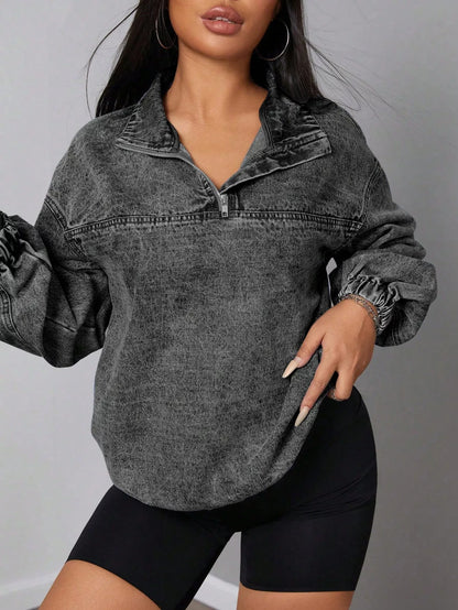 Elastic Hem Quarter Zip Denim Top