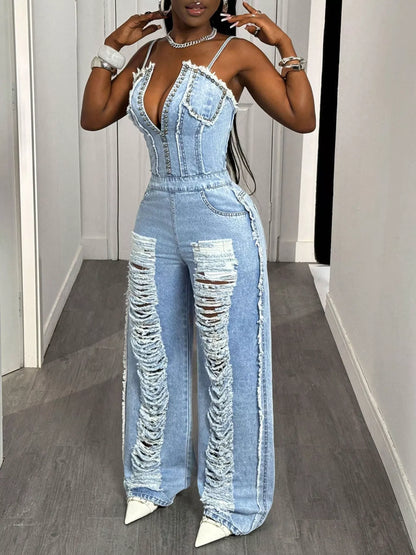 Distressed Spaghetti Strap Wide-Leg Denim Jumpsuit