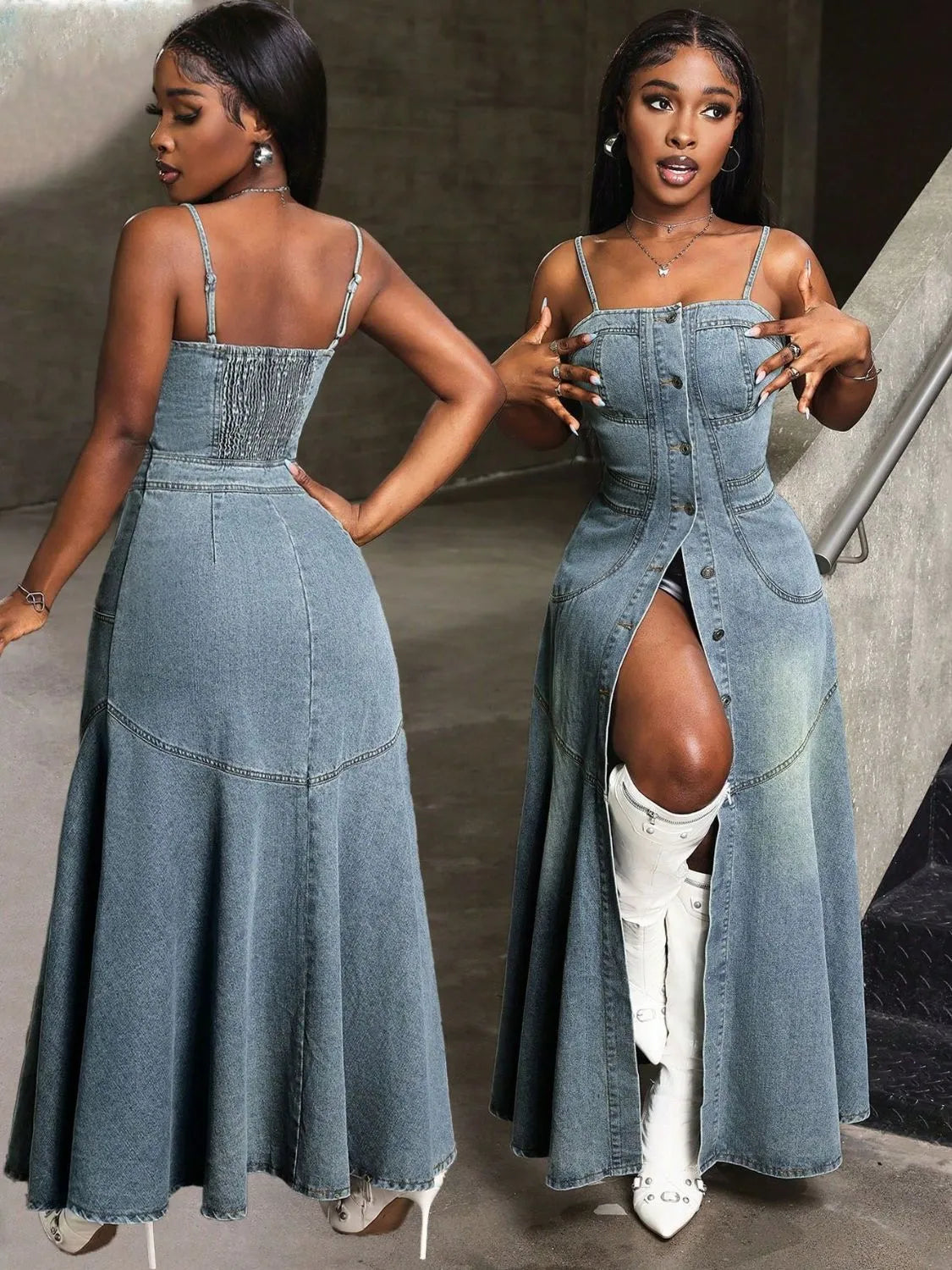 Button Front Denim Cami Dress