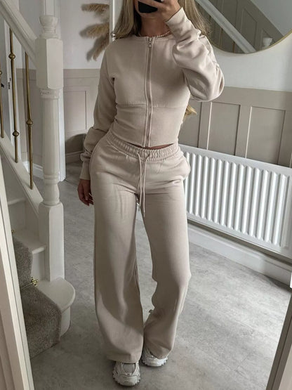 Zip-Up Crop Hoodie and High-Waisted Pants Set