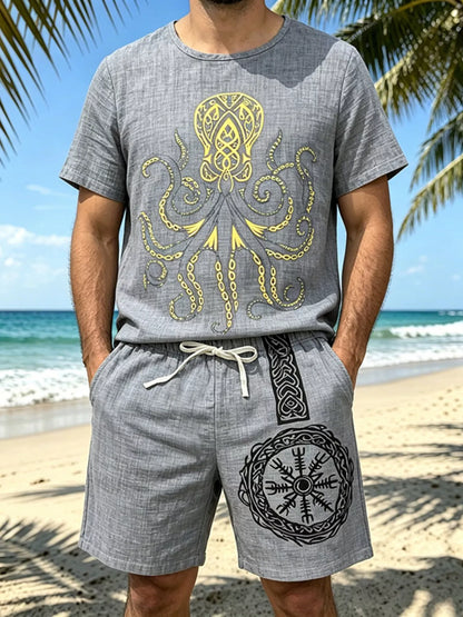 Men's Full Size Round Neck Tee and Shorts Set Plus Size