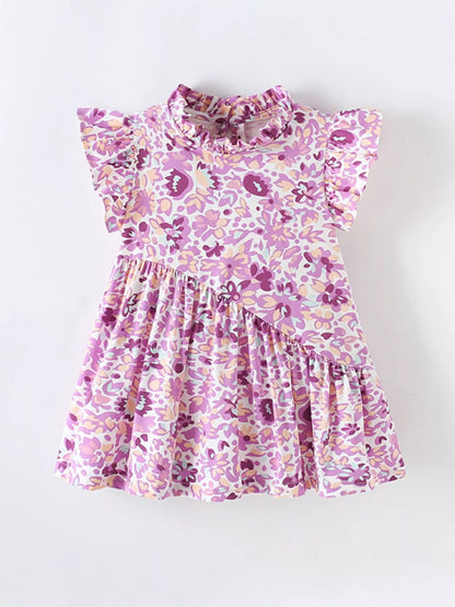 Children's Floral Print Ruffle Trim A-Line Dress
