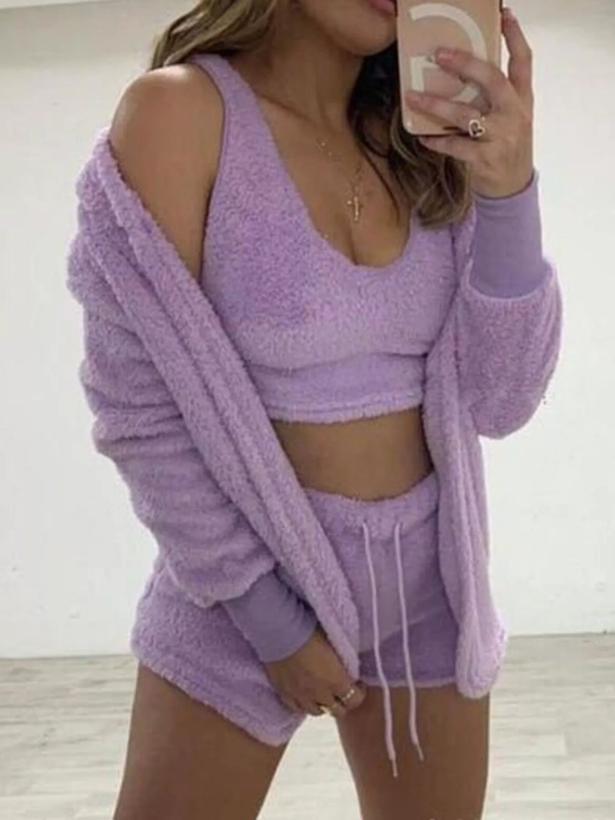 Full Size Fuzzy Tank, Cardigan and Shorts Set Plus Size
