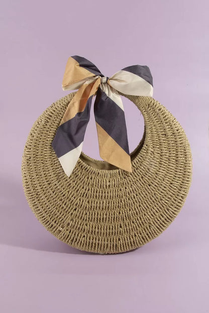 Fame Round Woven Straw Bag With Bow Scarf Accent