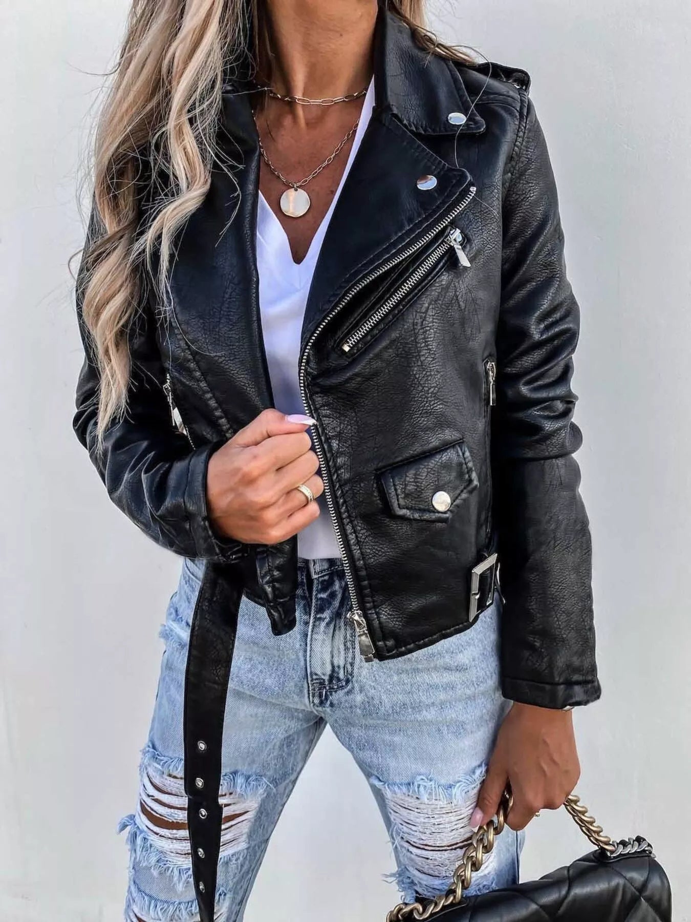 Full Size Zip Up Leather Biker Jacket