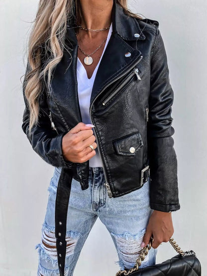 Full Size Zip Up Leather Biker Jacket