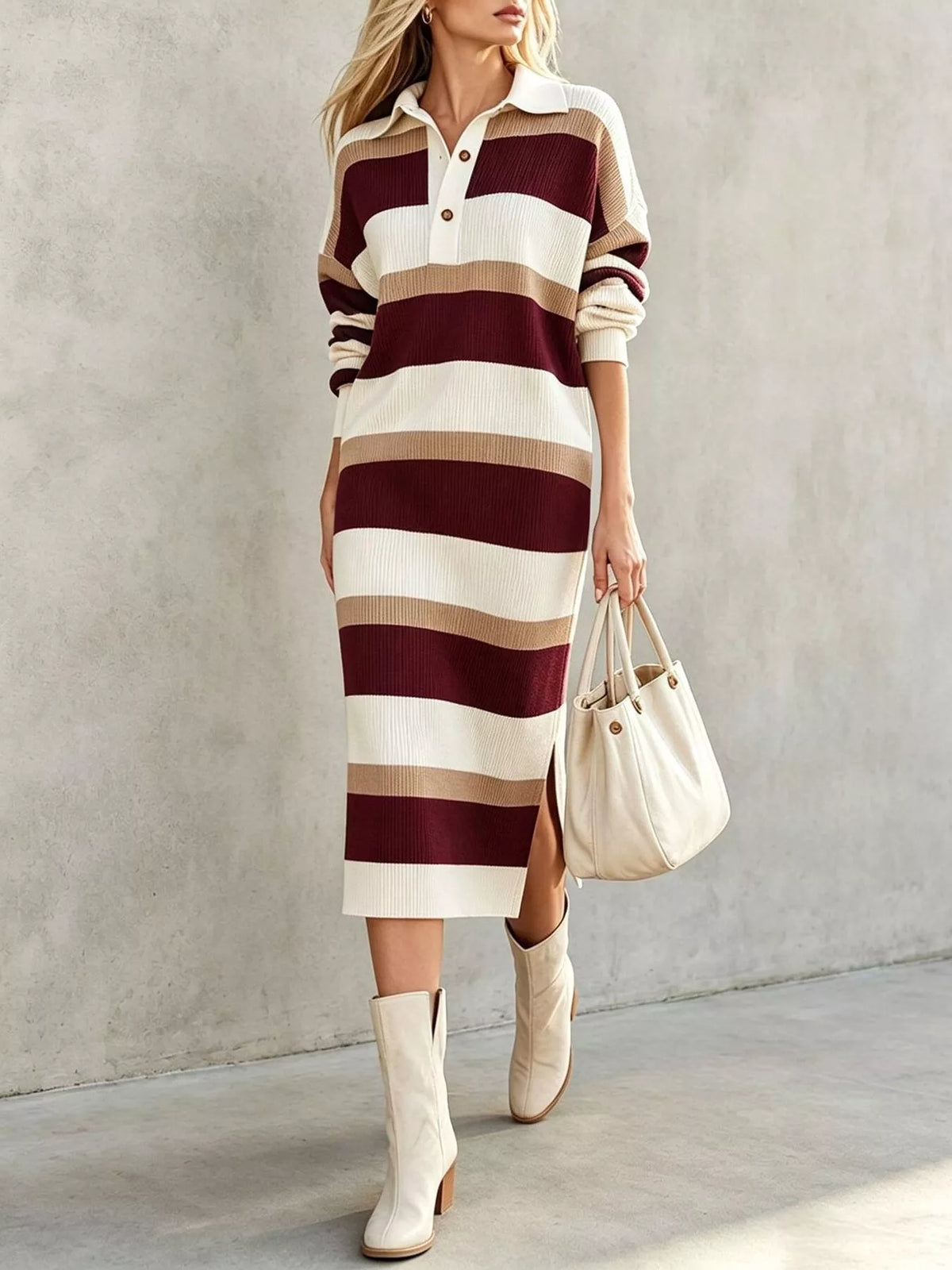 Striped Polo Collar Long Sleeve Sweater Dress