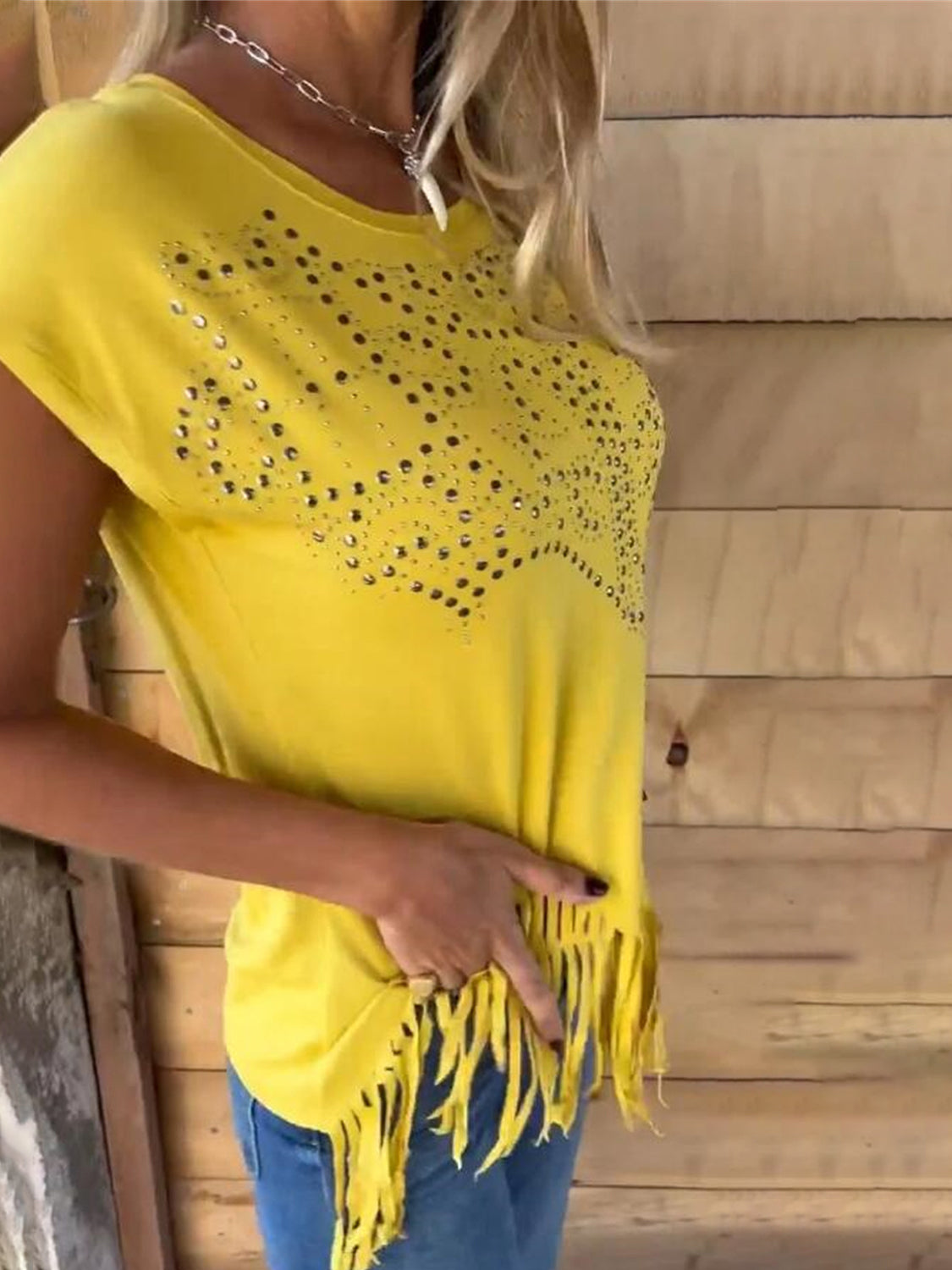 Studded Fringe Round Neck Shirt