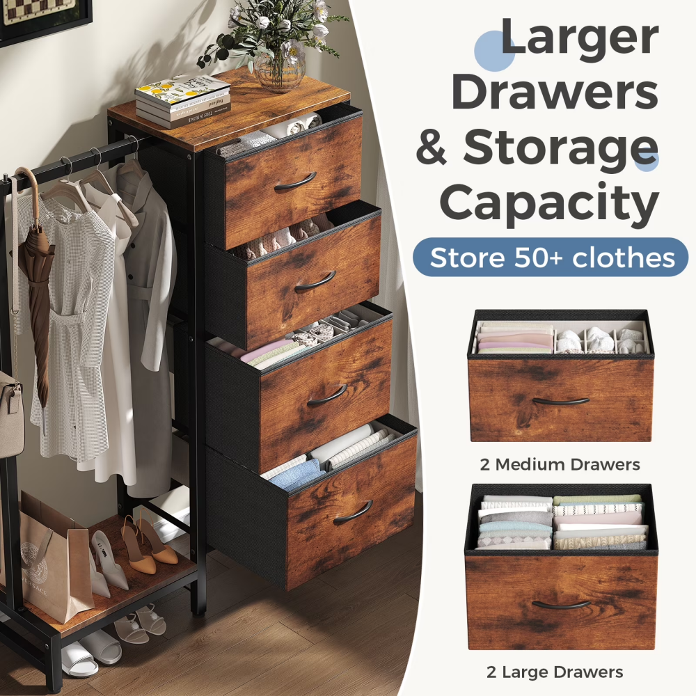 4 Drawers Dresser with Hanging Rack