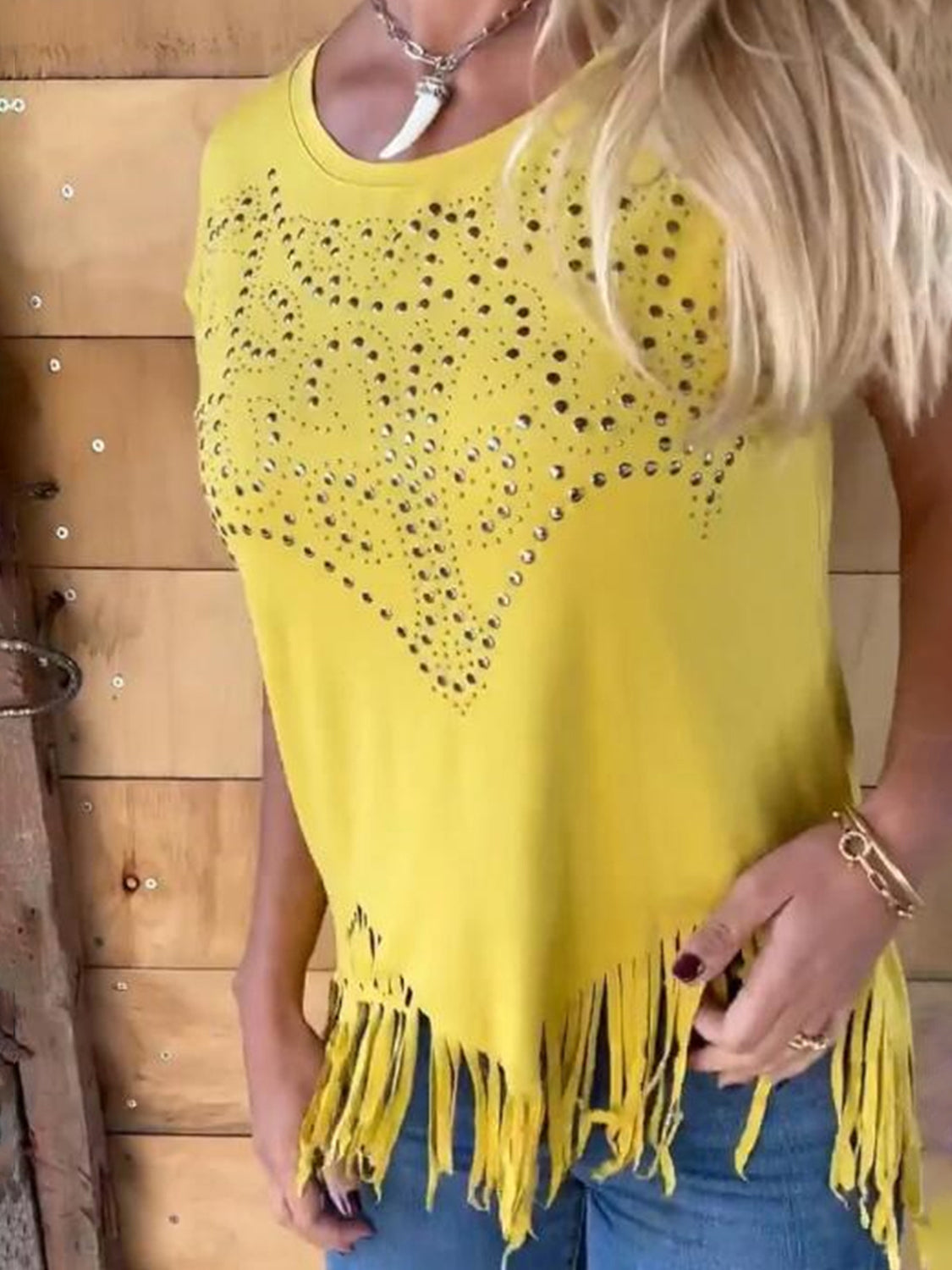 Studded Fringe Round Neck Shirt