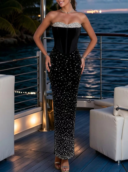Rhinestone Slit Back Tube Maxi Dress