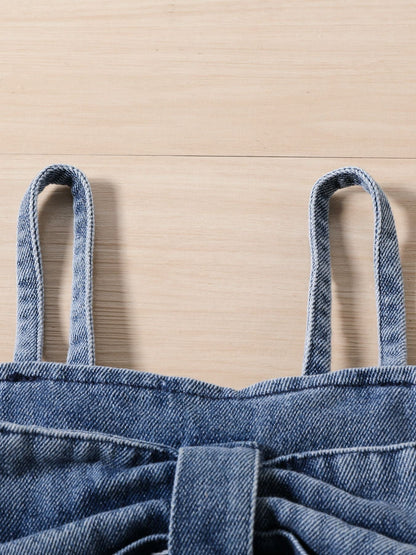 Children's Denim Bowknot Crop Top and Pleated Skirt Set