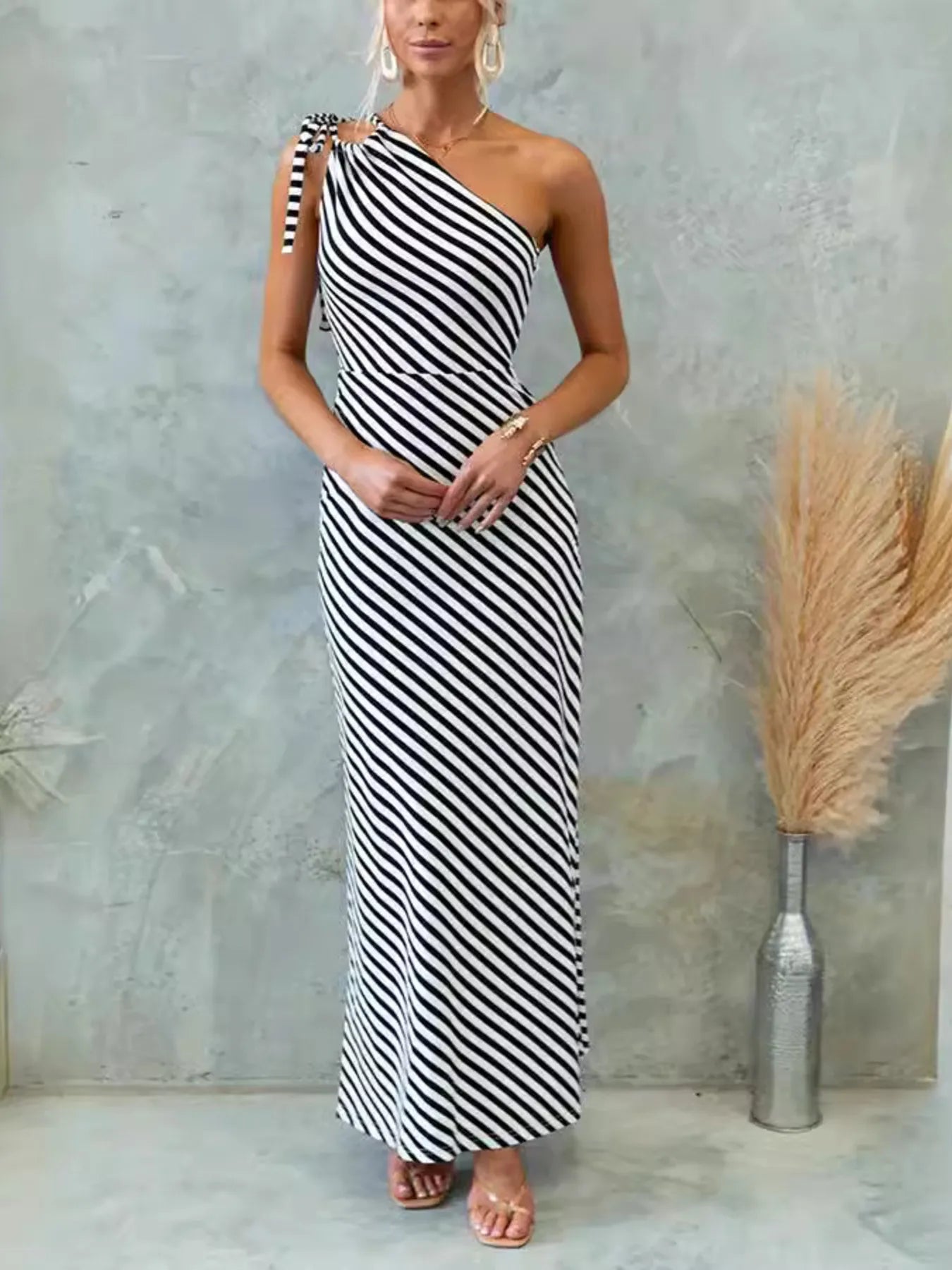 One Shoulder Striped Maxi Dress