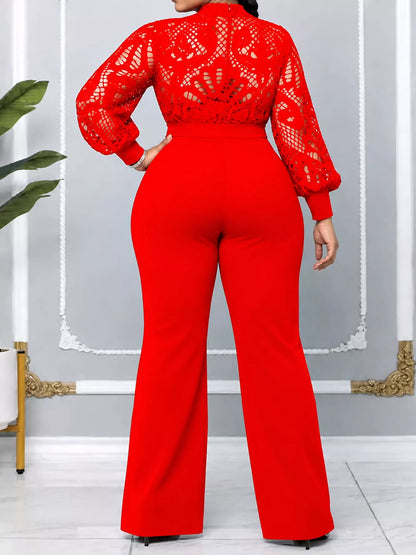 Plus Size Lace Lantern Sleeve Flare Jumpsuit