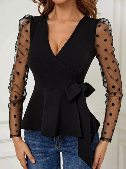 Polka Dot Mesh Sleeve Wrap Top
