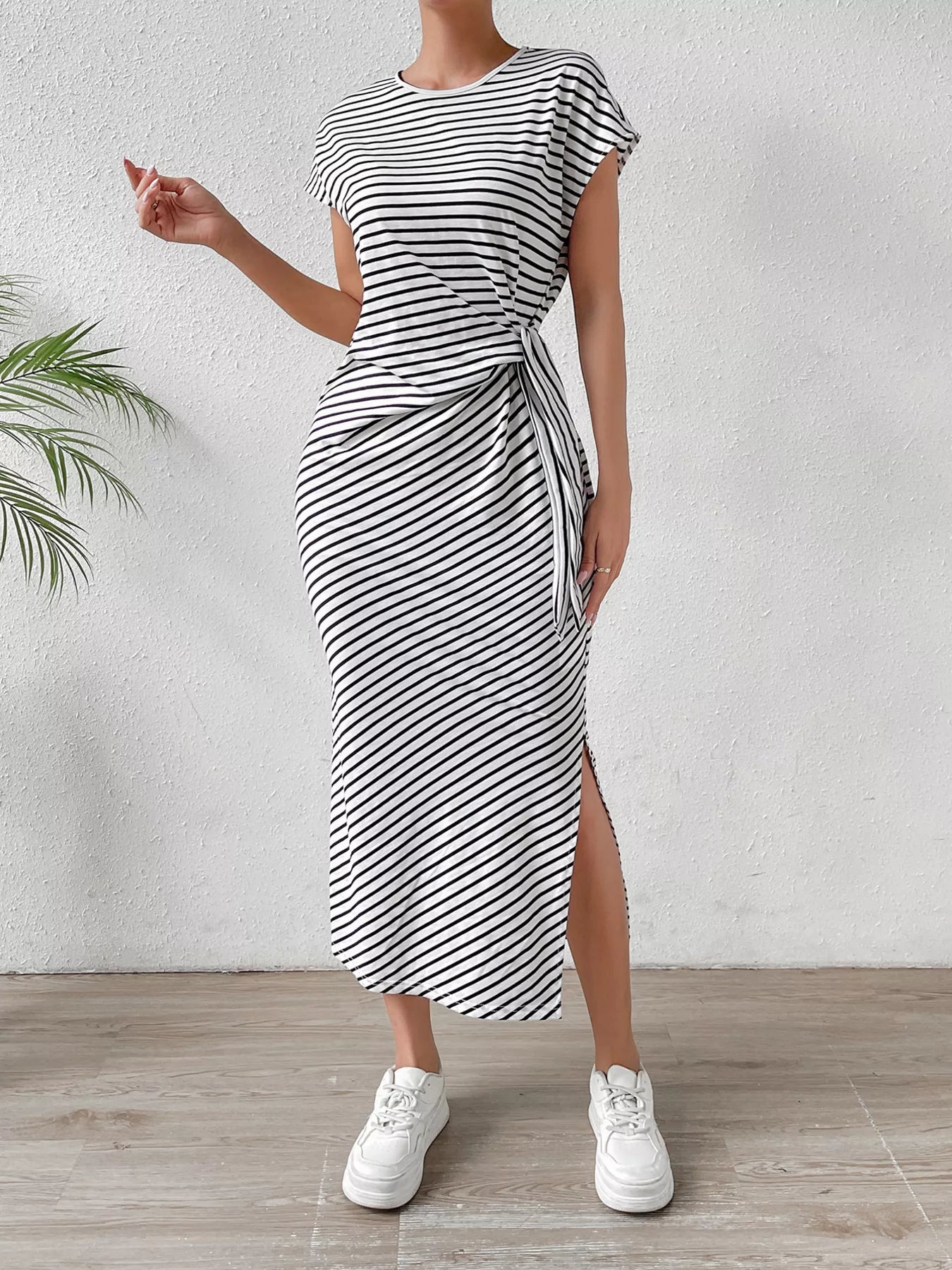 Striped Tie Side Casual Midi Dress