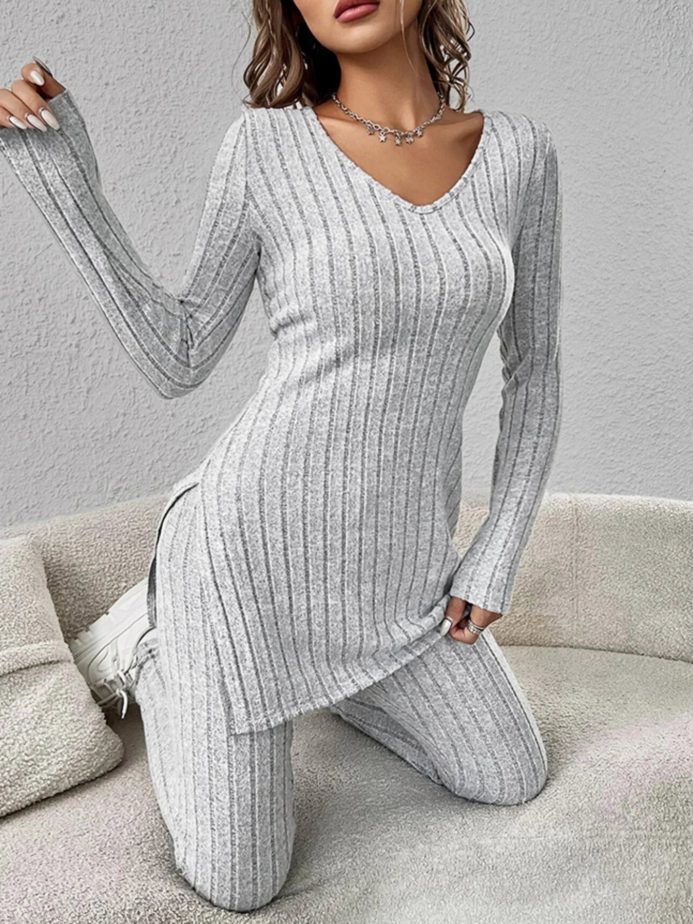 Slit V-Neck Ribbed Top and Pants Set