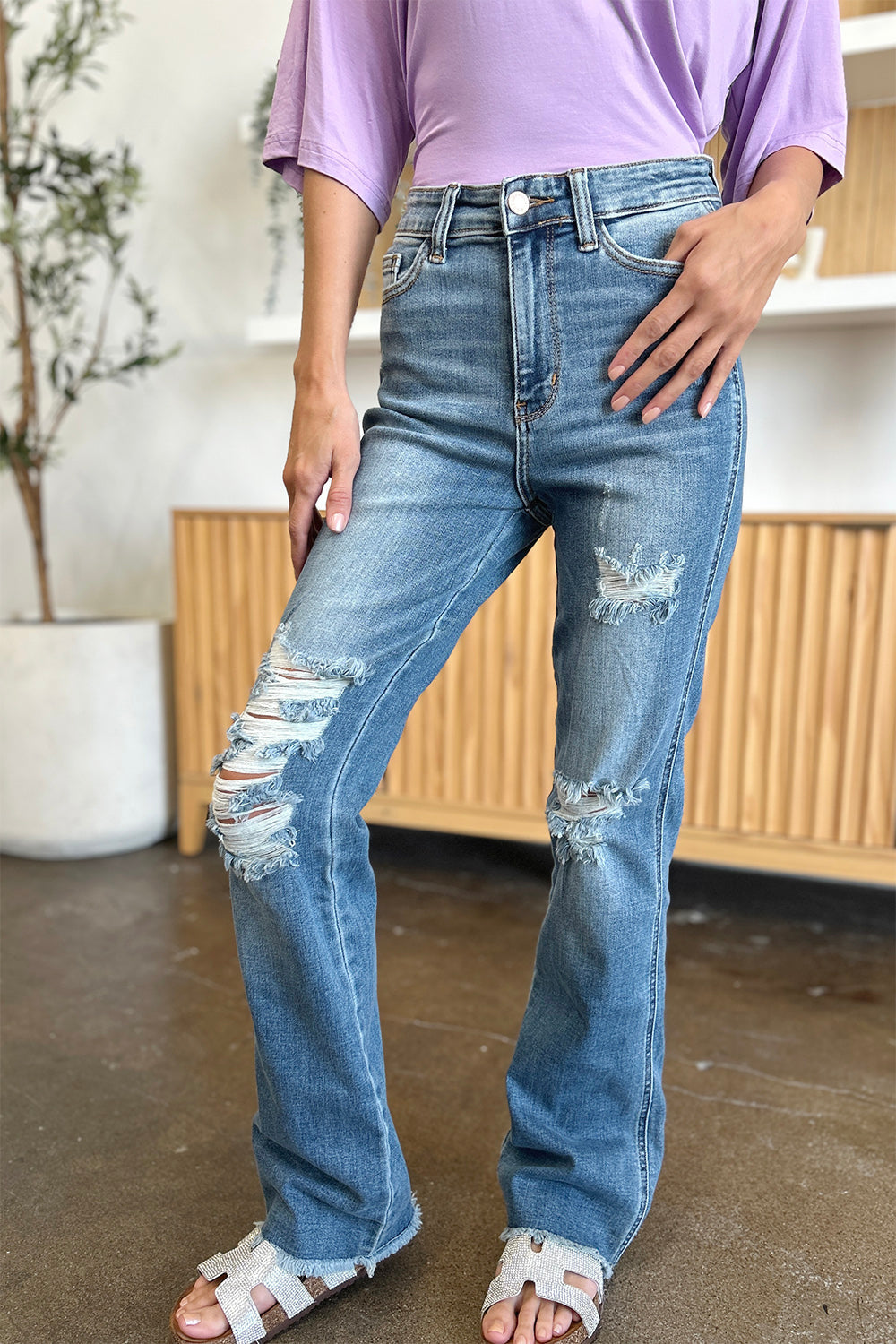 Distressed Raw Hem Bootcut Jeans