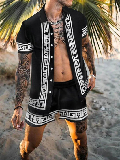 Men's Printed Button Up Top and Shorts Set