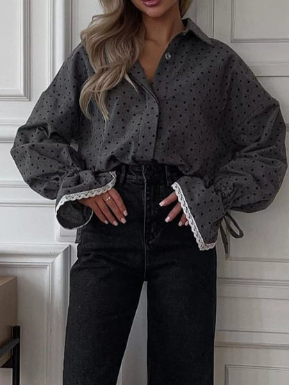 Heart Print Button Up Flounce Sleeve Shirt