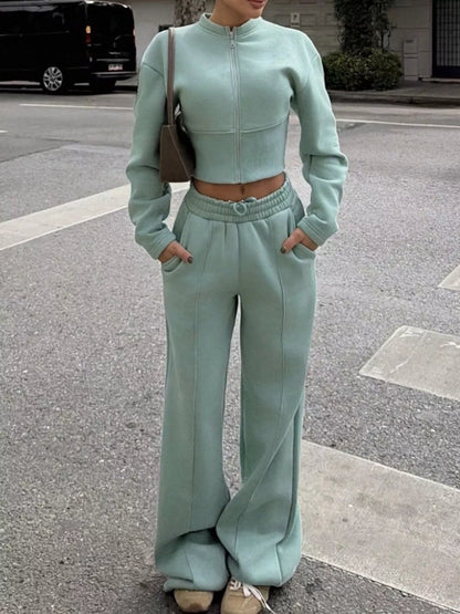 Zip-Up Crop Jacket and Wide-Leg Pants Set