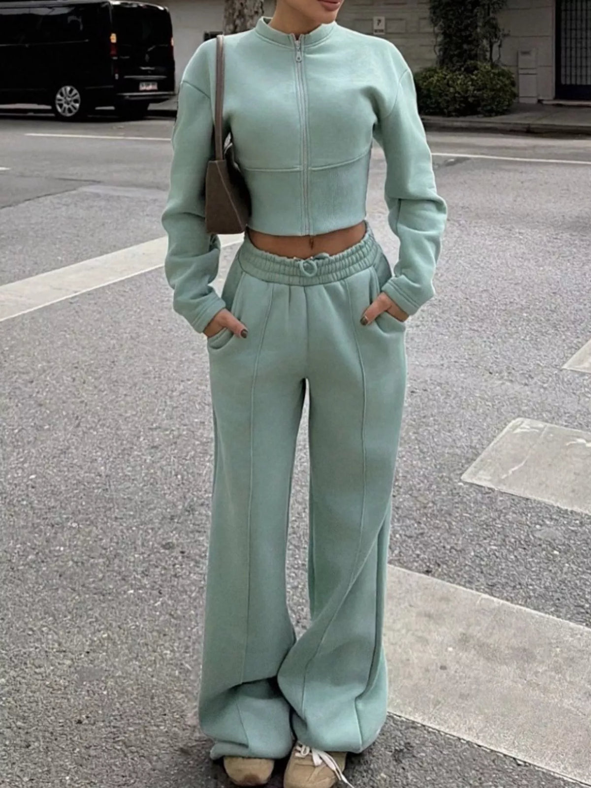 Zip-Up Crop Jacket and Wide-Leg Pants Set