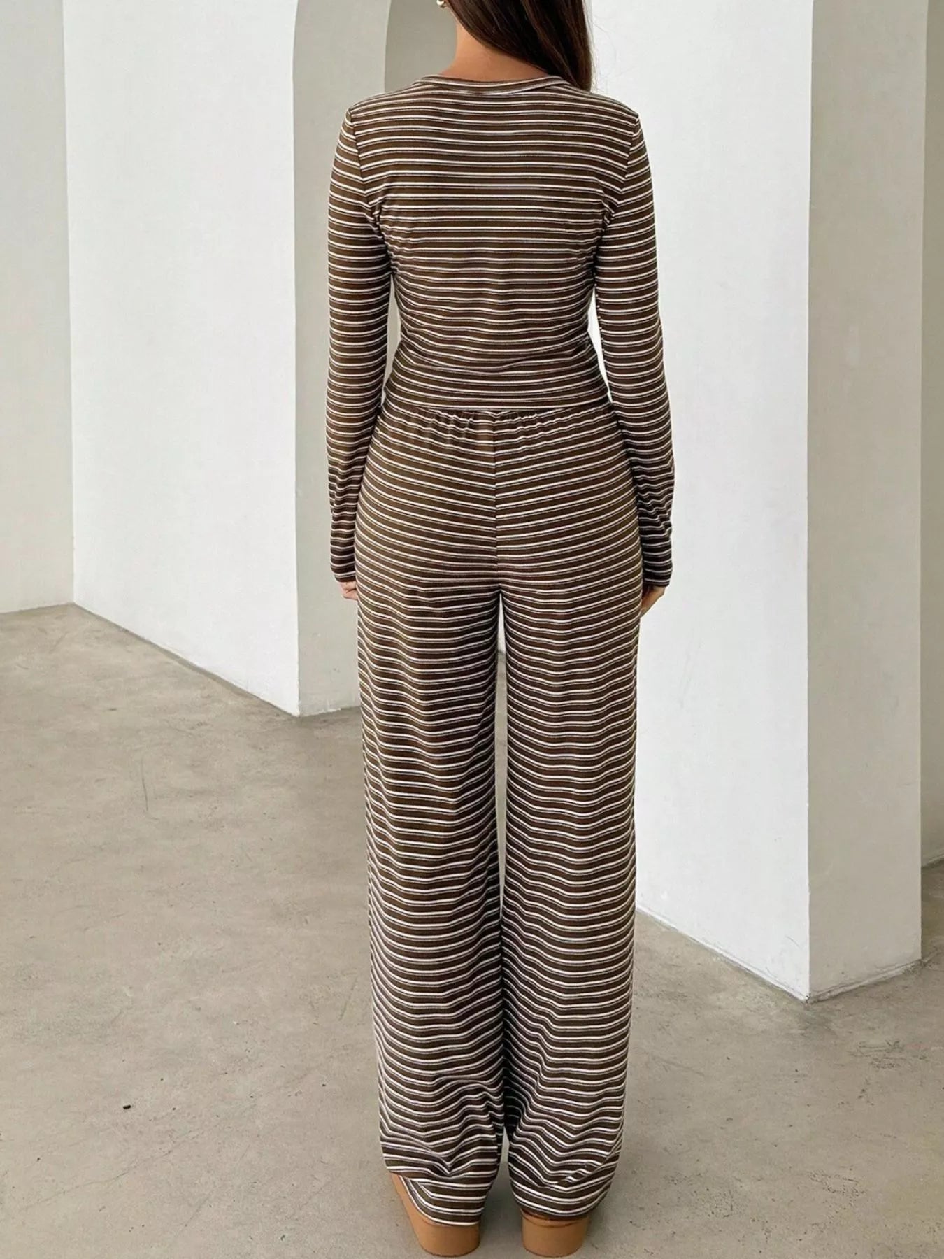 Striped Long Sleeve Crop Top and Wide Leg Pants Set