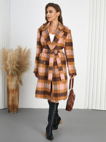 Tied Plaid Collared Coat