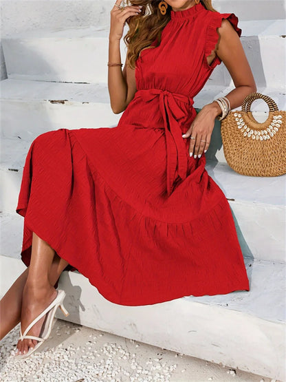 Ruffled Cap Sleeve Midi Mock Dress