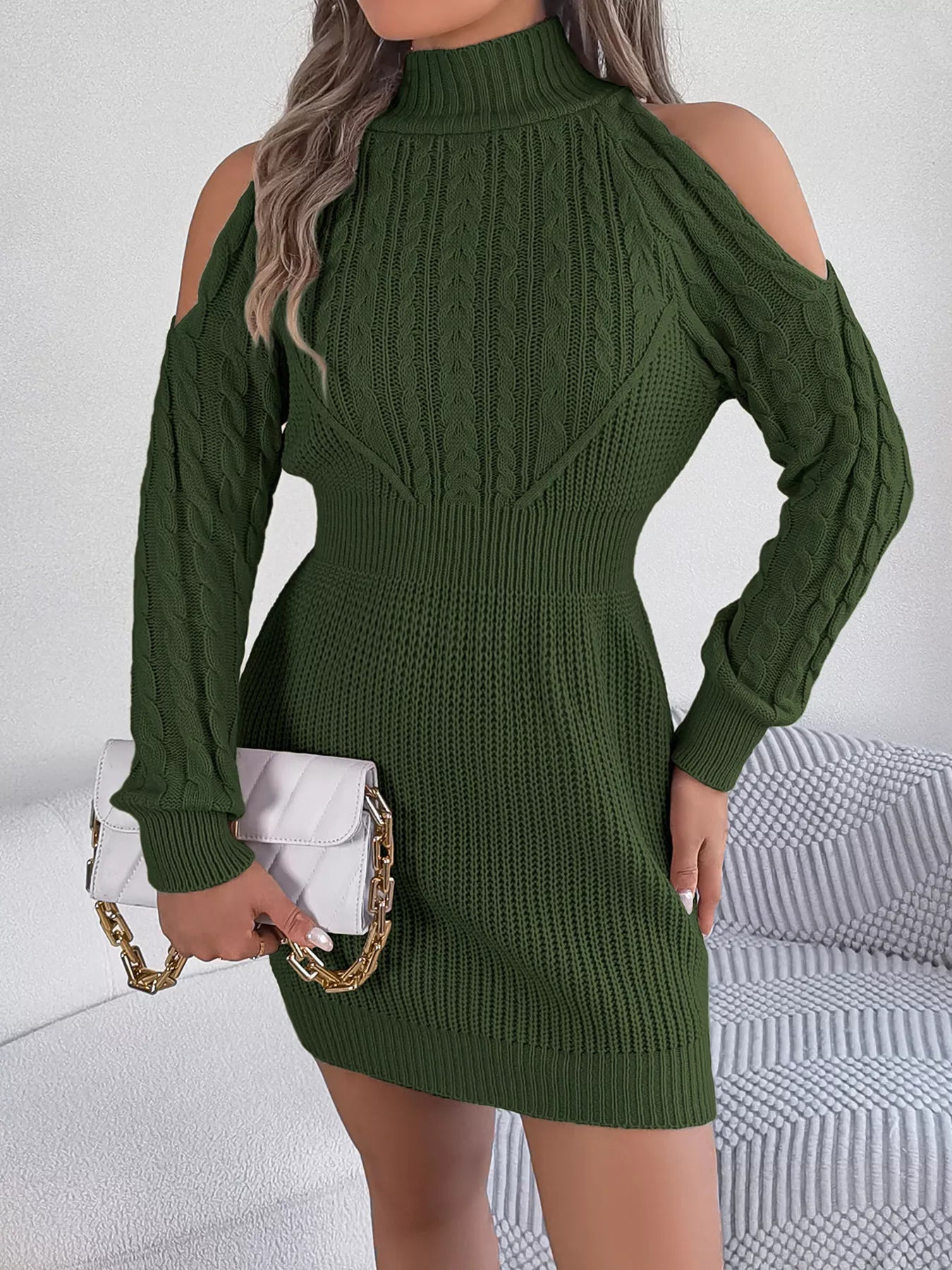 Cable Knit Turtleneck Sweater Dress
