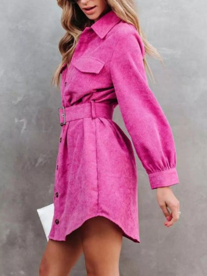 Button Front Belted Corduroy Dress