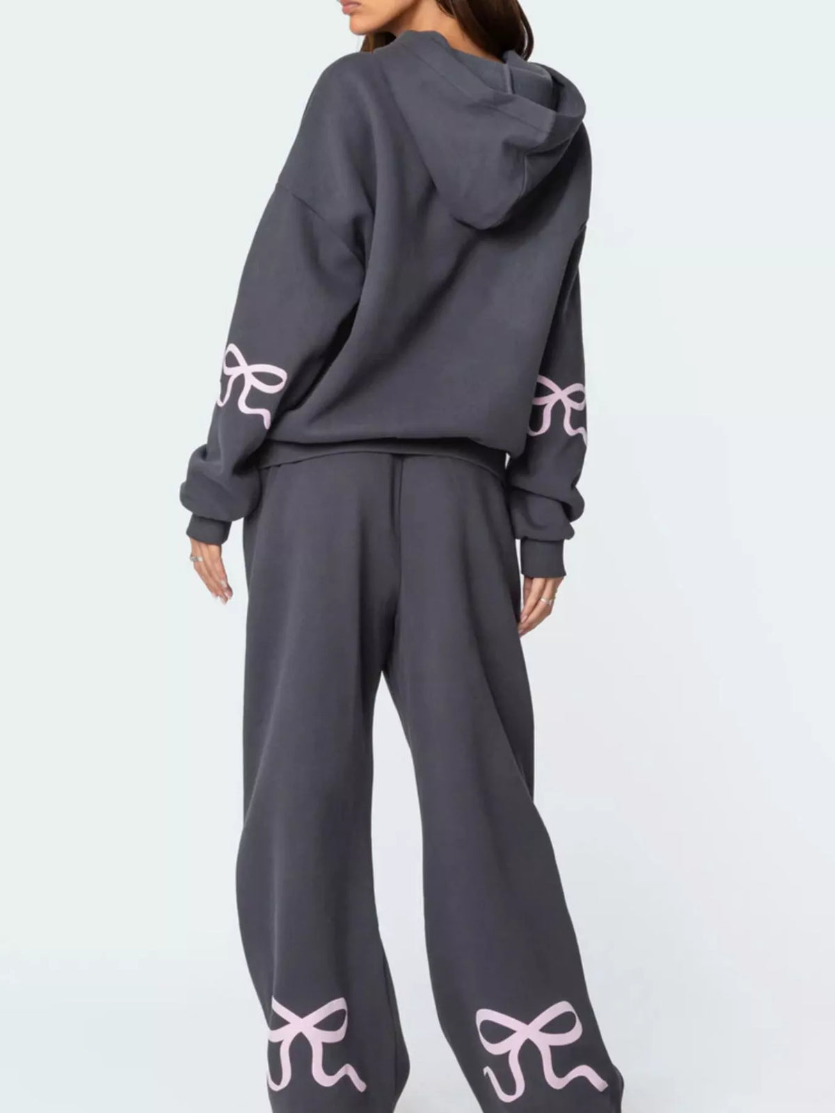 Bow and Heart Dropped Shoulder Hoodie and Pants Set